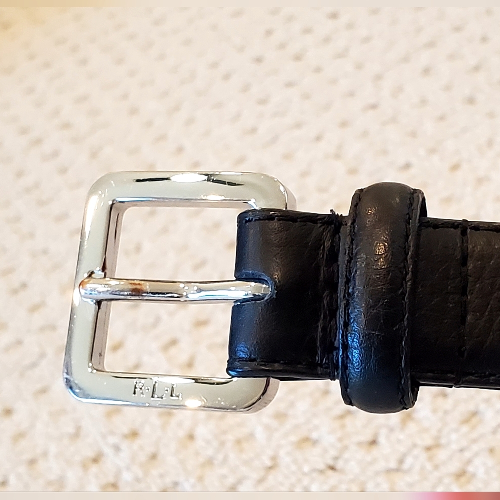 Ralph Lauren Black Leather Silver Monogram Buckle Silver Grommet Belt Lg EUC - Picture 12 of 16